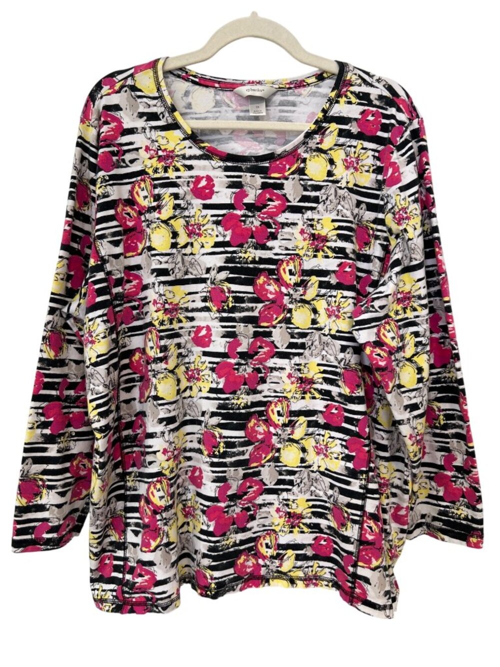 CJ Banks Top Size 3X Floral Striped Long Sleeve White Pink Black Boho Scoop Neck